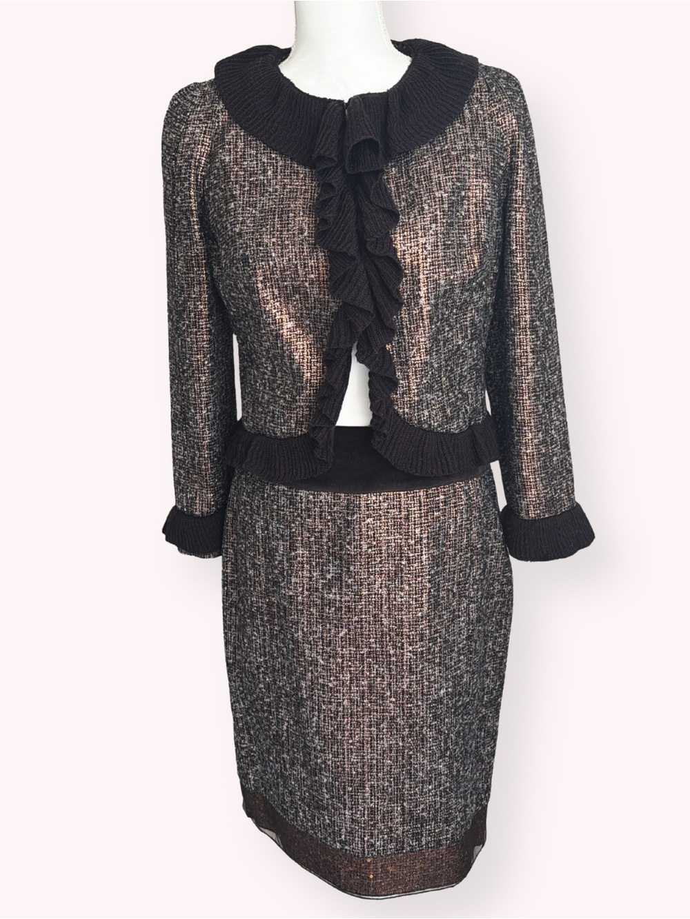 Magaschoni Metallic Tweed 2-Pc Skirt Suit Size 8 Gold Copper Sequin Trim